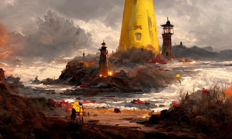 Digital artwork of a lighthouse on a stormy coast representing artificial intelligence and friendly chatbots