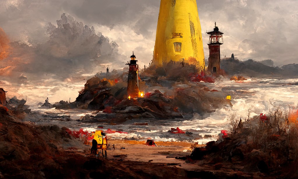 Digital artwork of a lighthouse on a stormy coast representing artificial intelligence and friendly chatbots